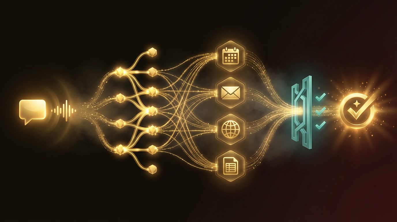Visualization of the Demi task pipeline from request through planning, tools, approval, to result