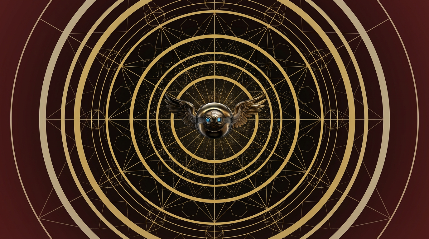 Demi gold orb mascot centered within a sacred geometry mandala of concentric golden circles on a deep crimson background