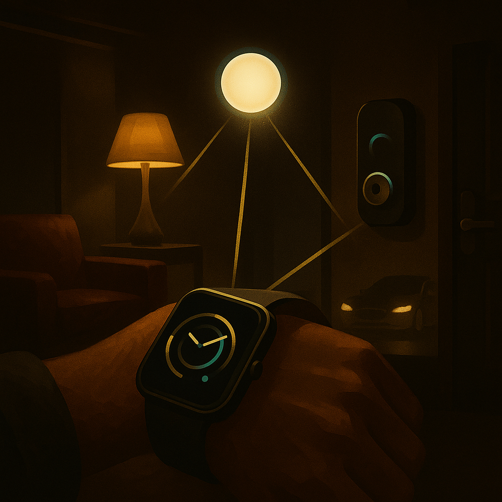 Apple Watch controlling smart home lights and door lock with golden light rays in a dark luxurious room