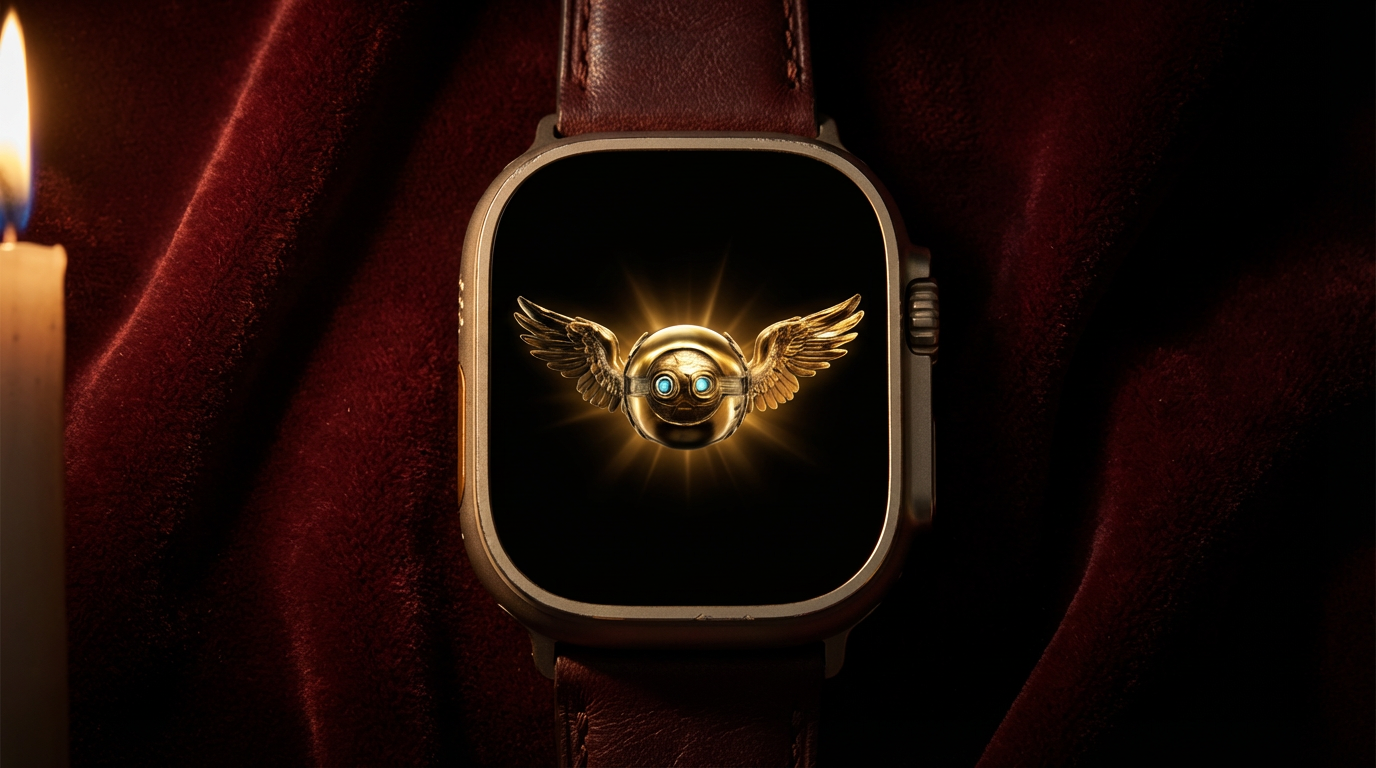 Apple Watch displaying the glowing Demi gold orb mascot on a dark velvet background with candlelight