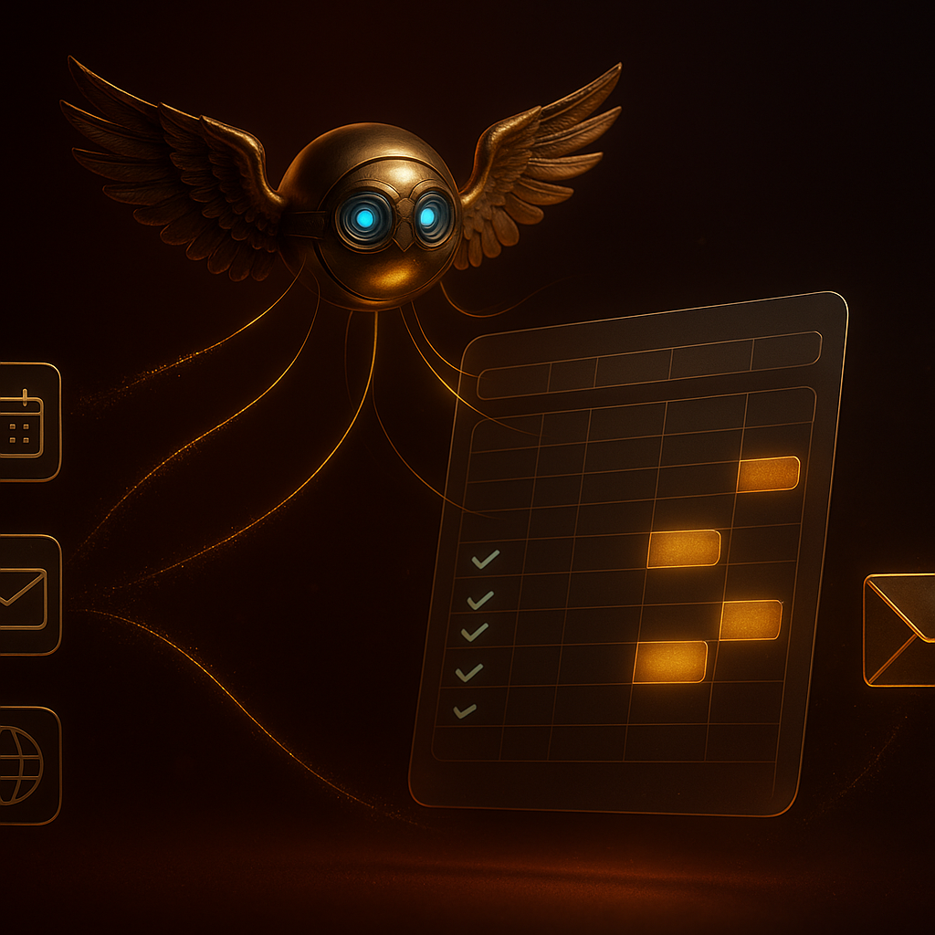 The Demi orb orchestrating data streams from calendar, email, and web into a glowing spreadsheet